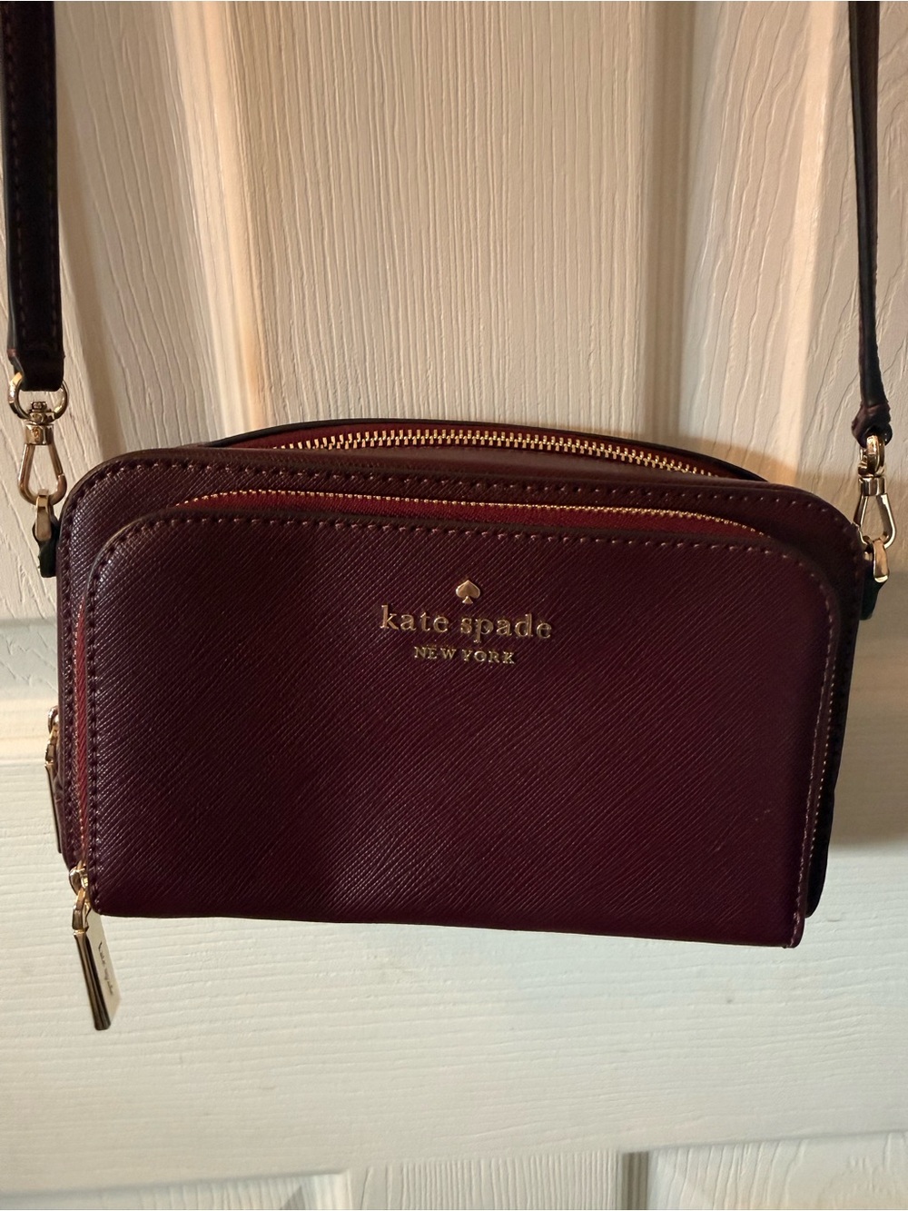 kate spade burgundy Saffiano Leather Double-Zip Crossbody with Gold Hardware